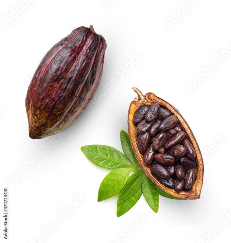 Cocoa fruit open pod with cocoa seeds with leaves isolated on white background.
