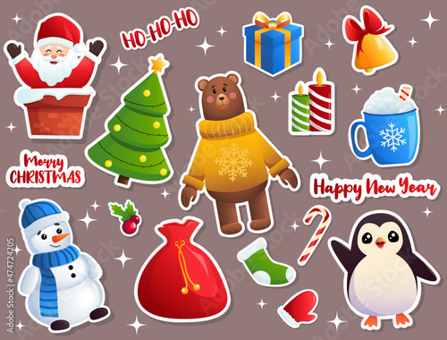 set of Christmas stickers, santa, penguin, snowman, Christmas tree, merry christmas, happy new year, ho-ho-ho, bear, candles, bell, lollipop, holly, bag, sock, mitten, gift, egg-nog