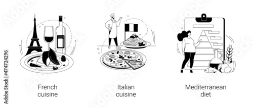 Classic european cuisine abstract concept vector illustrations.