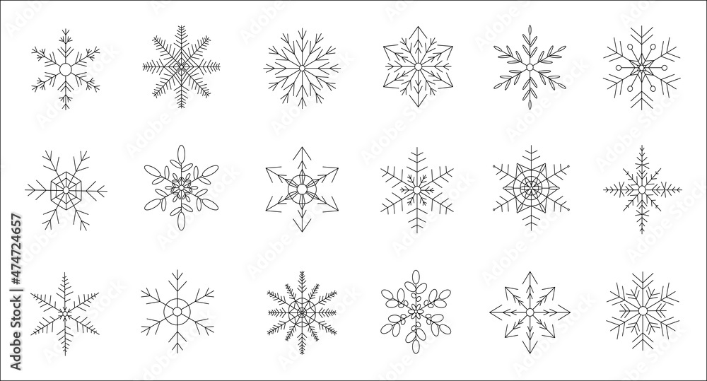 Set of snowflakes on white background. Variety vector snowflakes in flat style. Set of snowflakes on white background. Variety vector snowflakes in flat style.