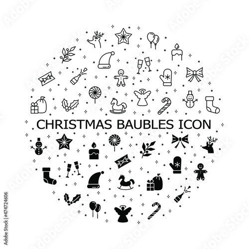 Christmas baubles and decorations flat line icons set. Celebration concept - snowflake, reindeer, candles, snowman, champagne, gifts. Simple flat vector illustration for web site or mobile app