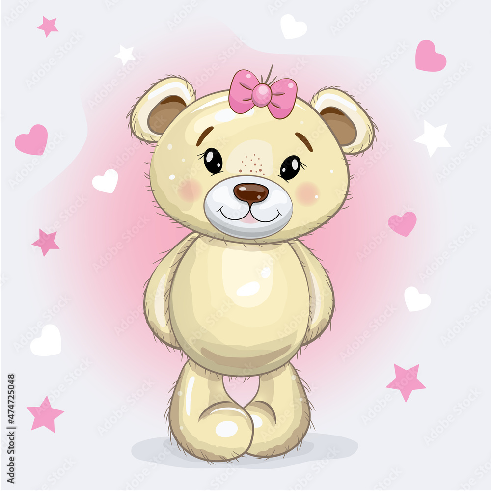 Cute Cartoon Teddy Bear Girl with a bow on isolated on a pink background with hearts and stars. Vector illustration. Cute Cartoon Teddy Bear Girl with a bow on isolated on a pink background with hearts and stars. Vector illustration.