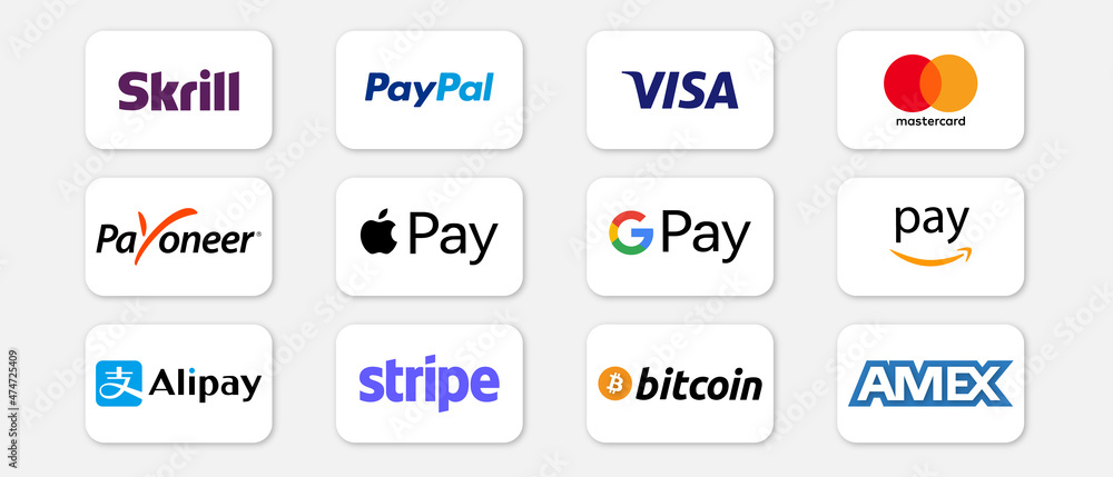 Online payment methods button set, company logos : Visa, Mastercard, Paypal,  American Express, Bitcoin, Amazon Pay, Apple Pay, Google… Vector  illustration EPS 10 Stock Vector | Adobe Stock