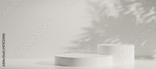 Fotografija Minimal abstract luxury white podiums block for product presentation with empty stage, Sunshade shadow on beige and shadows of tree leaves, Pedestal for cosmetic product, 3d render illustration