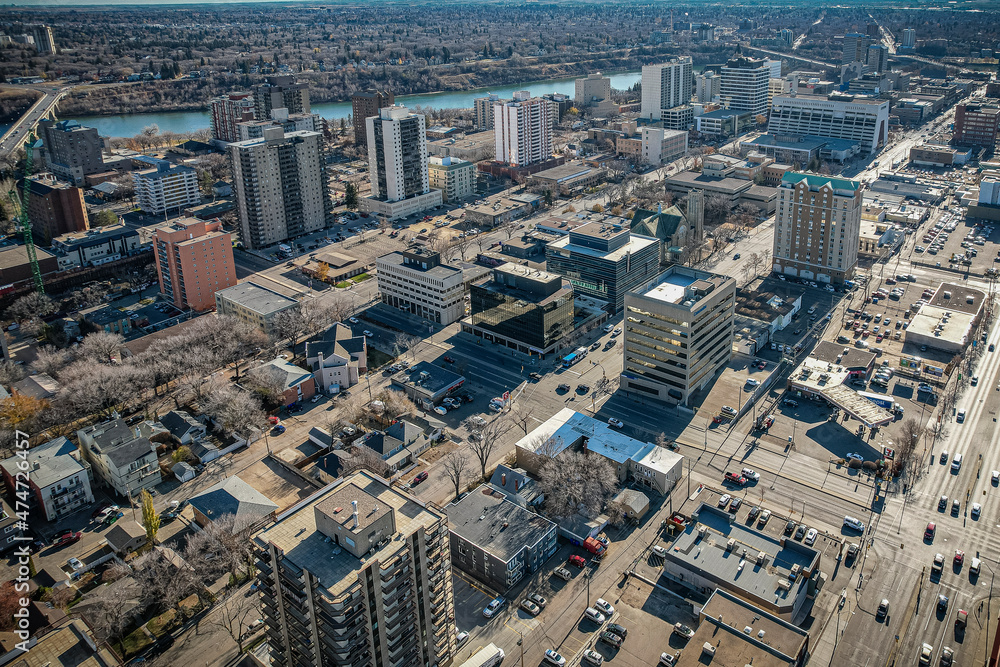 Fototapeta premium Aerial Drone View of the city of Saskatoon in Saskatchewan, Canada