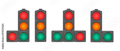 A set of four traffic lights with different arrangement of sections. Traffic light. An illustration depicting a traffic light with round red, yellow and green lights. A device for regulating traffic