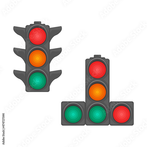 A set of two traffic lights with different arrangement of sections. Traffic light. An illustration depicting a traffic light with round red, yellow and green lights. A device for regulating traffic