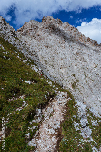 The peaks of the Dolomites (Unesco heritage) seen from val gardena: one of the most famous and beautiful valleys in the Italian Alps - August 2021.