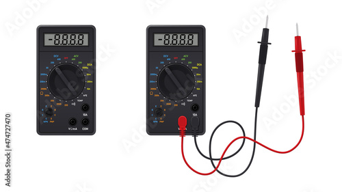 Realistic digital multimeter with set of probes. Instrument for measuring voltage, current, resistance. Vector illustration.