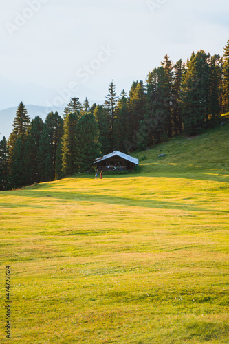 Sunset in the Italian Alps, near the town of Funes, Italy - August 2021.