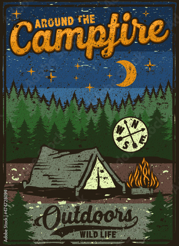 Poster vintage retro camping,fishing, hiking, hunting, climbing adventure outdoor campfire