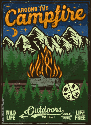 Poster vintage retro camping,fishing, hiking, hunting, climbing adventure outdoor campfire