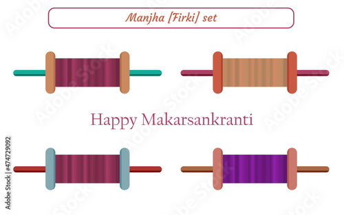 Manjha, firki, charkhi, girgidi different state use different names for this roll of thread roll, vector illustration for makar sankranti [uttarayan] Design projects.