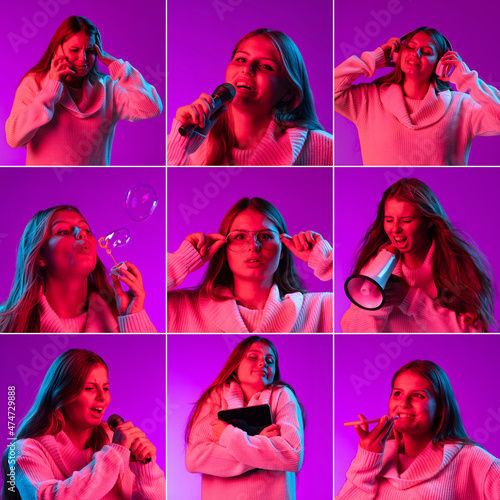 Photo set of young girl's portraits with different emotions using gadgets isolated on purple studio backgroud in neon pink light. © master1305