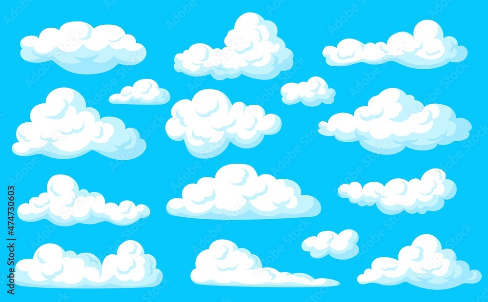 Cartoon fluffy clouds. Cloud in blue sky panorama, air white smoke, simple shape cloudy heaven, forecast summer aerial weather atmosphere elements spring day neat vector illustration