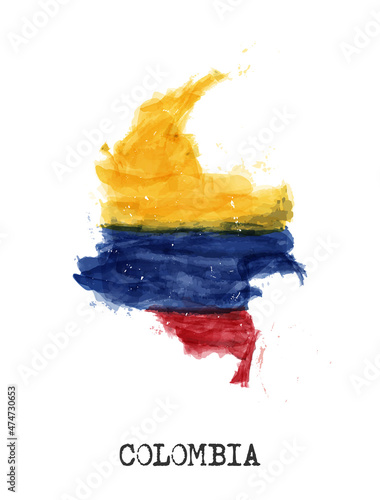Colombia flag and map watercolor painting design . Realistic drawing country shape . White isolated background . Vector .