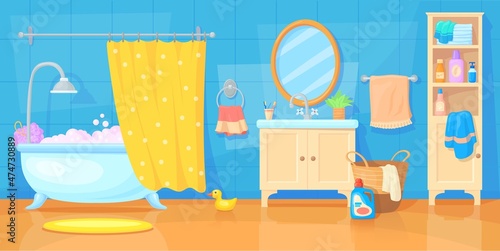 Cartoon bathroom furniture. Bath room interior house, home toilet kid bathtub baby shower, sink with mirror, child hygiene, tub hotel apartment, background neat vector illustration