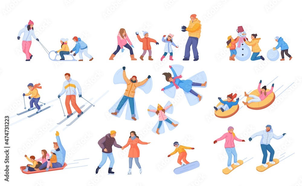 Winter family recreation. People christmas vacation, activity outdoor, ski sled sport sledge snowboard, snow angel, safety sledding tubing ice skating rink swanky vector illustration