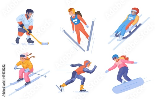 Winter sport for little child. Cartoon kid snow sports, skiing ice skating rank snowboarding sledding hockey, funny skier, children activities, cartoon swanky vector illustration