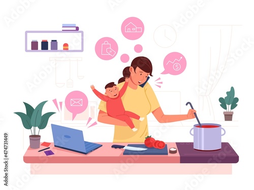 Multitasking mom. Busy mother with baby, woman task work home, family stress, distracted kitchen cooking, housewife management, parent chaos children kid flat garish vector photo