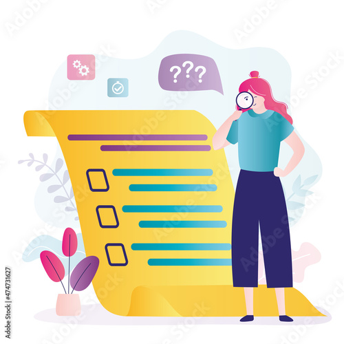 Woman examines to-do list with magnifying glass. Female character starts to do tasks from list