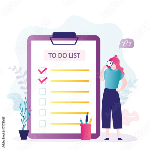 Unproductive girl reviewing to-do list. Female character looking for unfinished tasks using magnifying glass