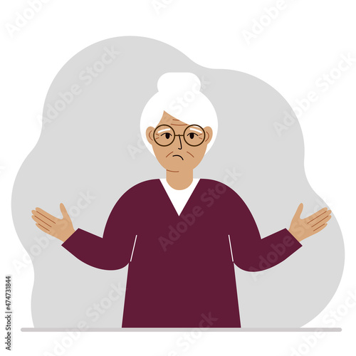 Grandmother is sad and upset. Hands are spread out in different directions. Vector