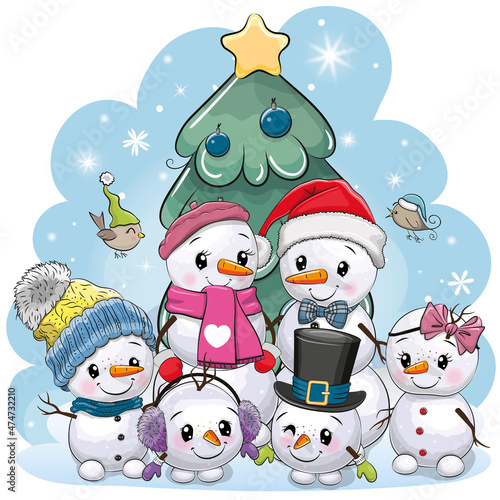 A family of snowmen with Christmas tree