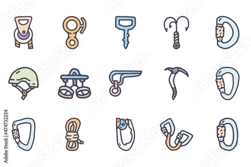 Climbing equipment color vector doodle simple icon set