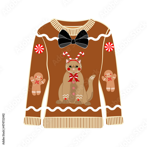 Ugly Christmas party sweater with funny cat print.