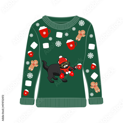 Ugly Christmas party sweater with funny cat print.