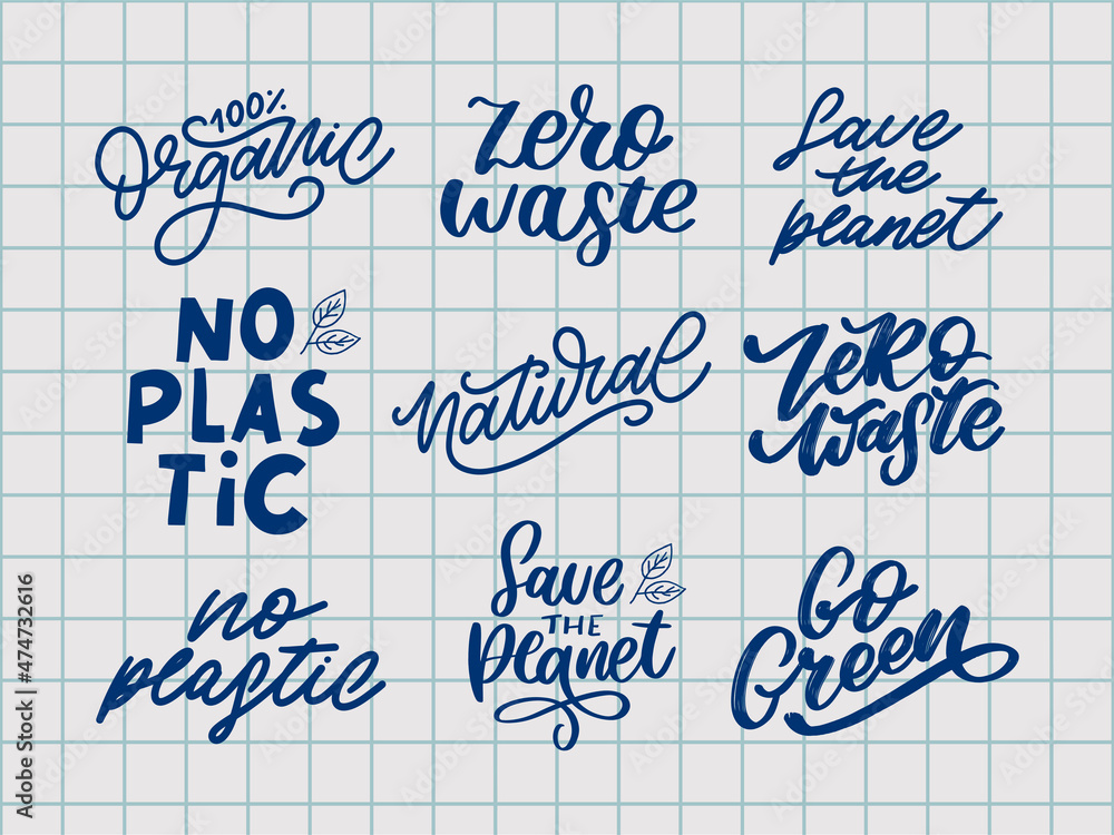 Concept set Zero Waste handwritten text title sign. Vector illustration.