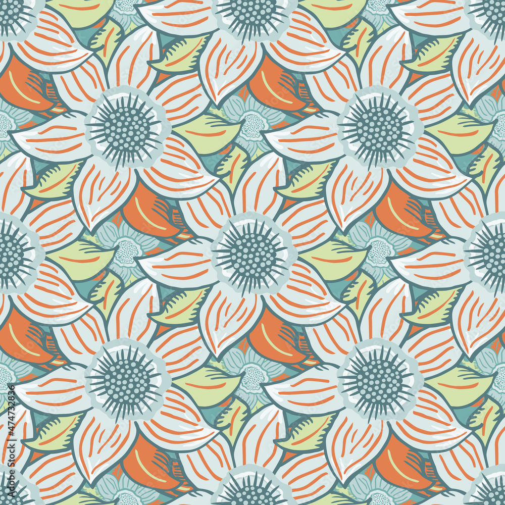 Tropical six petal flower vector seamless pattern. Blue, orange background with hand drawn flowers and leaves. Overlapping jungle floral motifs. Repeat for summer, vacation, Botanical all over print.