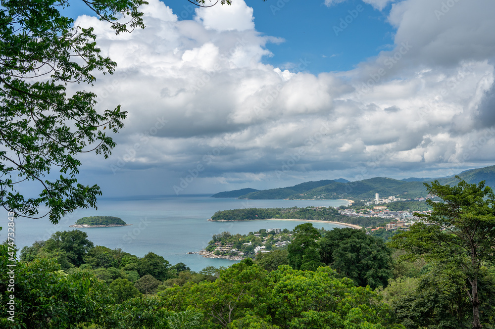 Aerial view from Karon Viewpoint of Phuket against Karon and Patong. Phuket is large island and a popular travel destination in southern Thailand.