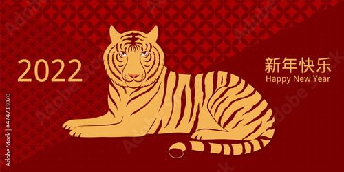 2022 Lunar New Year tiger, Chinese typography Happy New Year, gold on red, traditional patterns background. Vector illustration. Flat style design. Concept holiday card, banner, poster, decor element. © Maria Skrigan