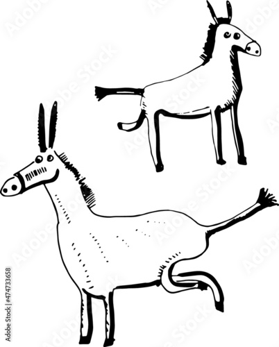 Two funny donkey. Hand drawn cartoon illustration.