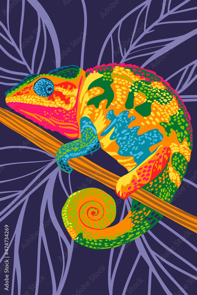 Fototapeta premium Colorful chameleon portrait in pop art style. Abstract, hand-drawn, multi-colored portrait of chameleon . For fabric, textile, clothing, wrapping paper, wallpaper, stickers, poster t-shirt design. 