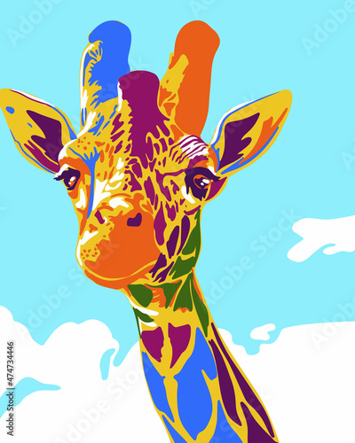 Colorful giraffe portrait in pop art style. Abstract, hand-drawn, multi-colored portrait of giraffe. For fabric, textile, clothing, wrapping paper, wallpaper, stickers, poster t-shirt design. 