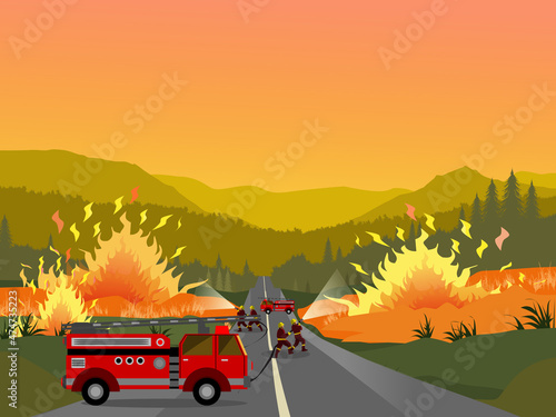 Firefighters spraying water from fire trucks to extinguish forest fires with mountains and yellow sky in the background.