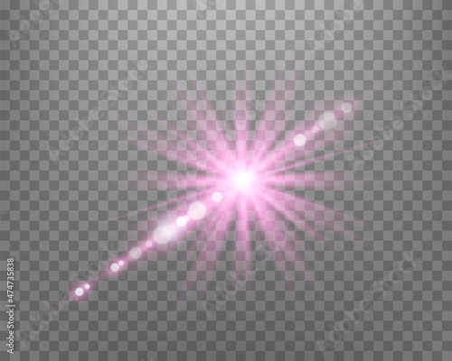 Sunlight lens flare, sun flash with rays and spotlight. Pink glowing burst explosion on a transparent background.  .Vector illustration.
