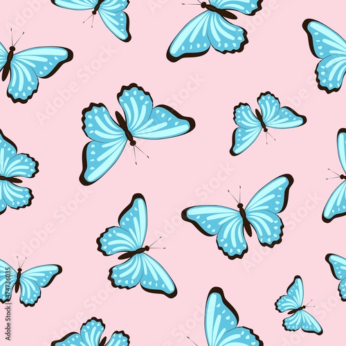 Blue butterflies on pink background vector seamless pattern