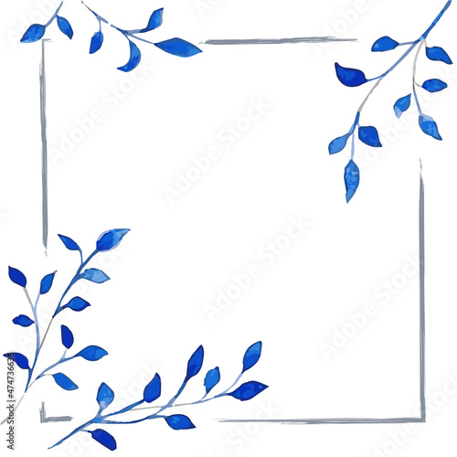 Watercolor frame with tree branches, blue twigs. Nature frame