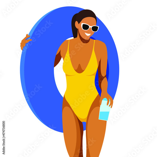 vector illustration on the theme of summer holidays and vacations. beautiful young tanned girl in a yellow swimsuit stands on the beach in sunglasses and with a lifebuoy isolated on a white background