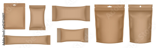 Set of realistic doy pack mockups. Brown flow pack, sachet, zip bag and doypack. Ice cream wrapper. Sheet mask sachet. Coffee, sause or candy packaging.