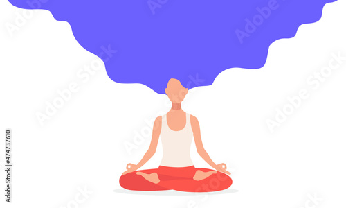 Girl with hair connected to the Universe in yoga lotus pose. Concept illustration of universe connection and healthy lifestyle