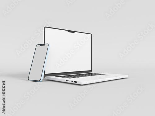 MacBook Pro Laptop and iPhone 13 smartphone in 3D rendered illustration on white background in minimal style for mockup and responsive website. Blank screen Apple laptop computer, mobile phone 2021.