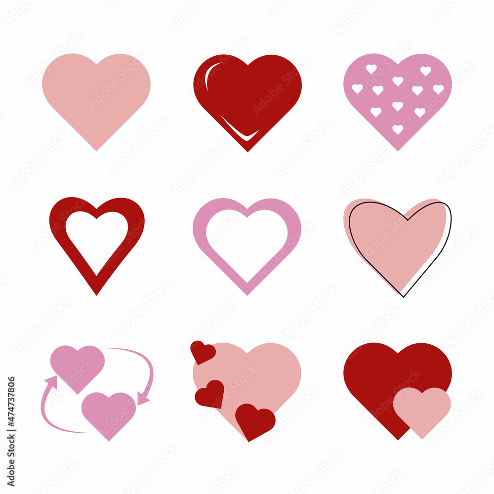 A set of valentines day red and pink hearts. Printable stickers collection. Design elements for Valentine's day. Vector illustration. Design elements