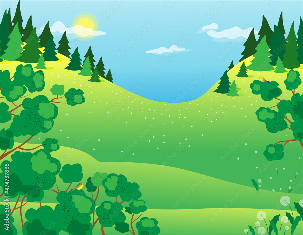 Vector illustration of a summer forest landscape with fir trees, trees and hills