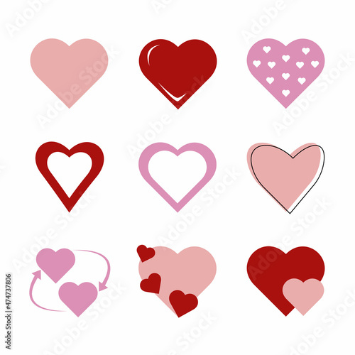 A set of valentines day red and pink hearts. Printable stickers collection. Design elements for Valentine s day. Vector illustration. Design elements