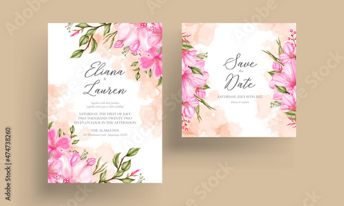 Wedding greeting card with watercolor cherry blossom